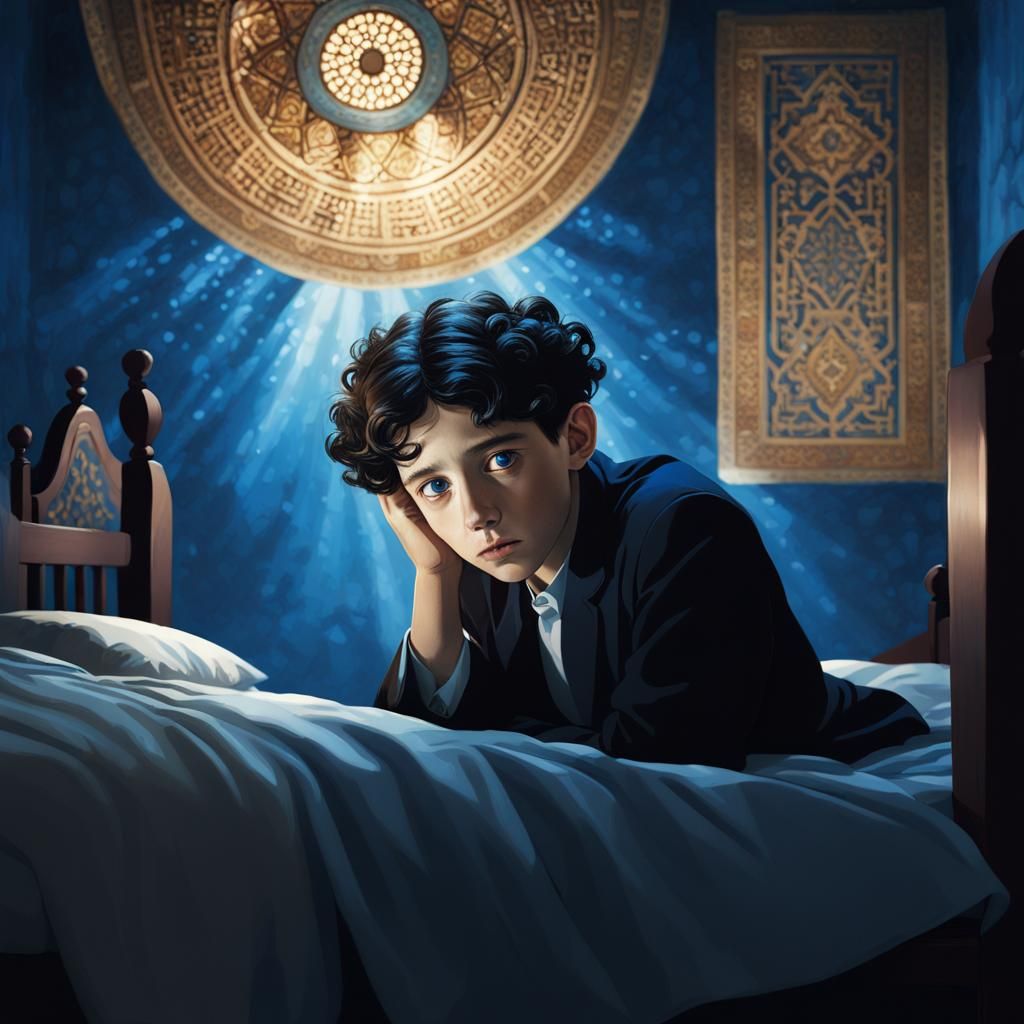 Upset Boy in Jerusalem Home, Detailed Matte Painting