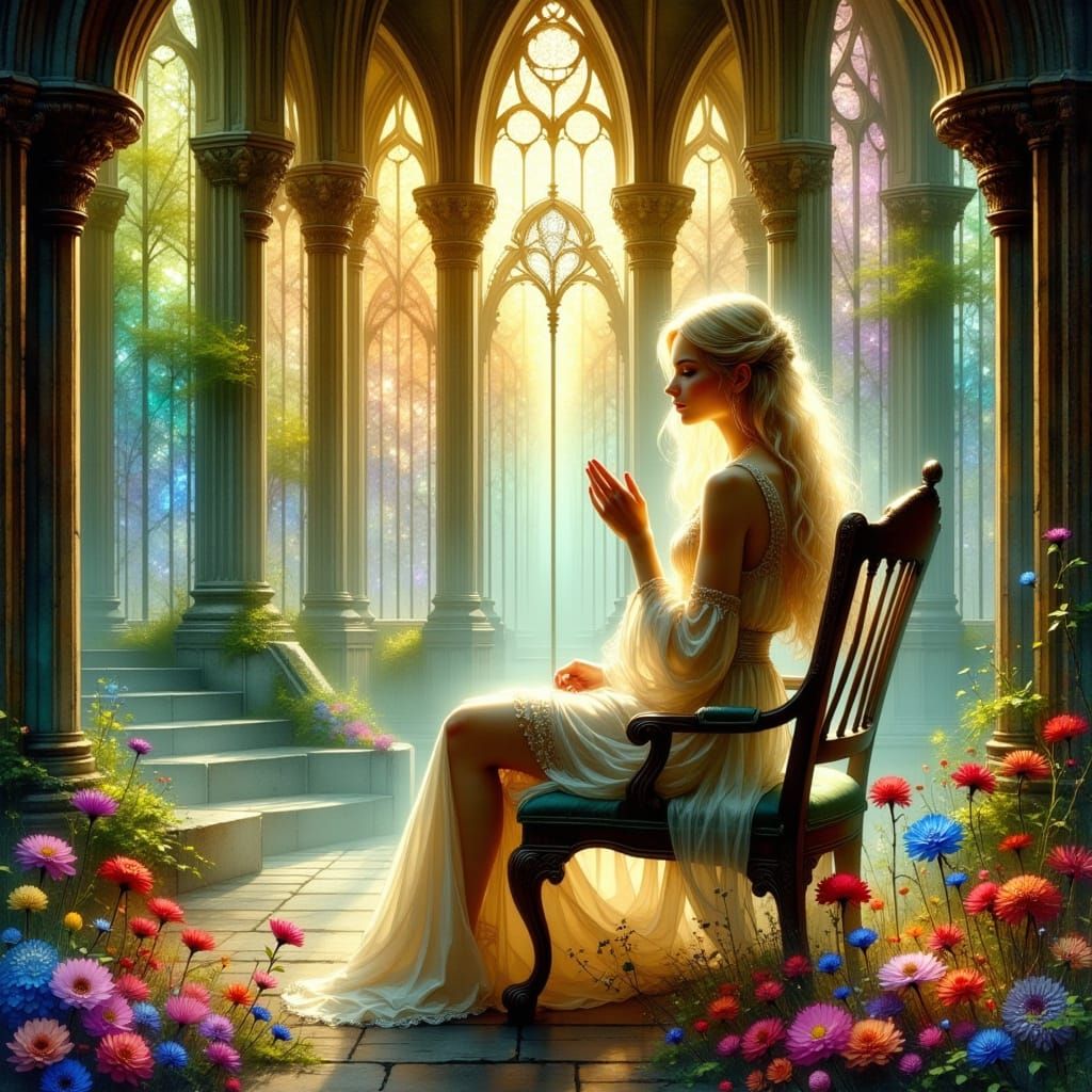 Ethereal Woman Praying in Ornate Cathedral