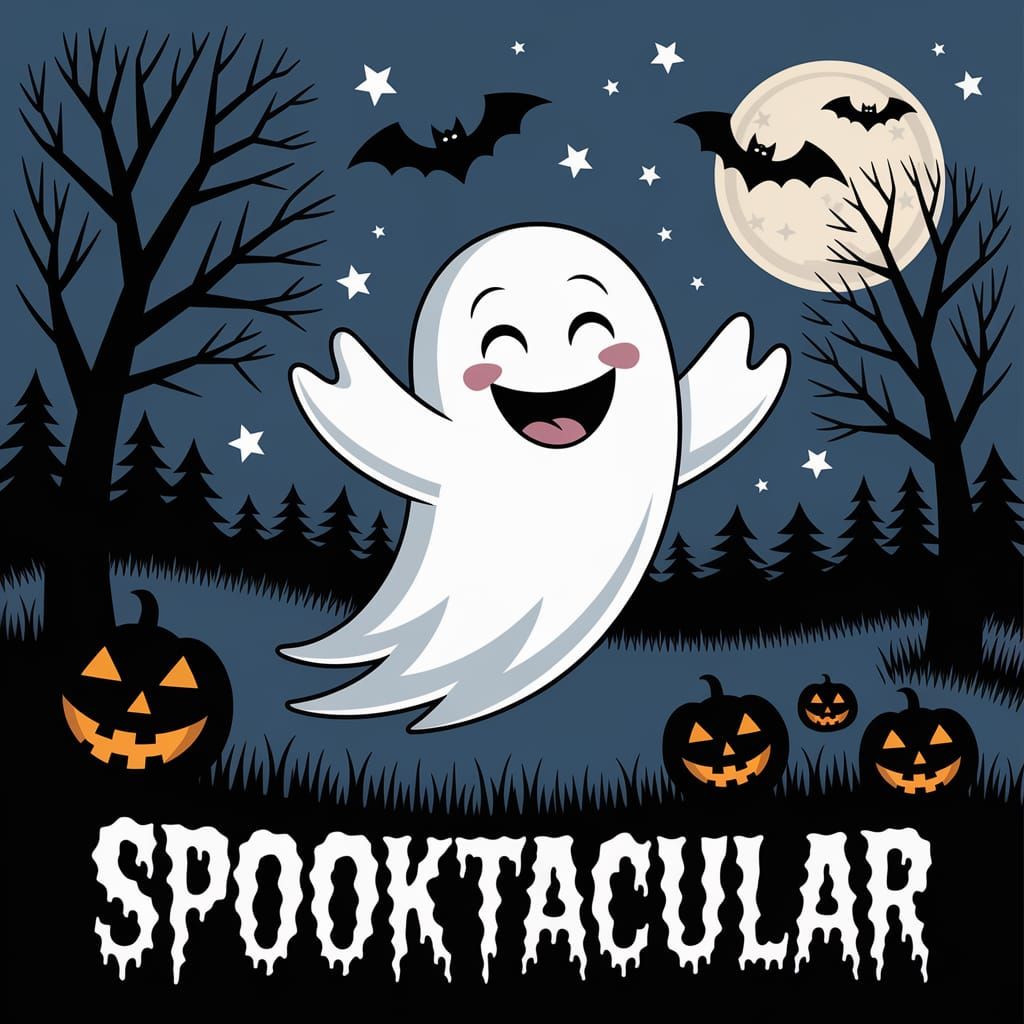 A joyful ghost floating along a meadow at night with the cap...