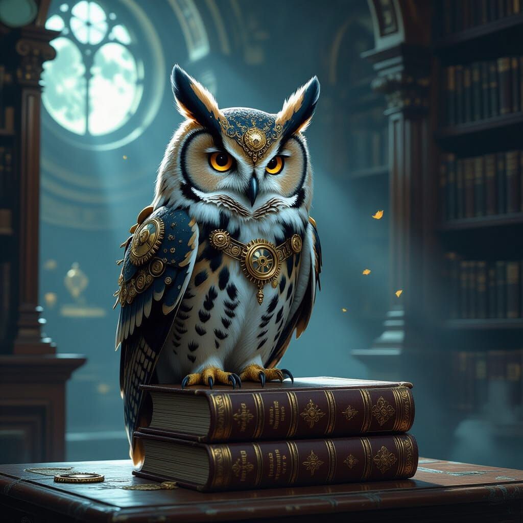 Steampunk Owl on Ancient Tome in Victorian Library