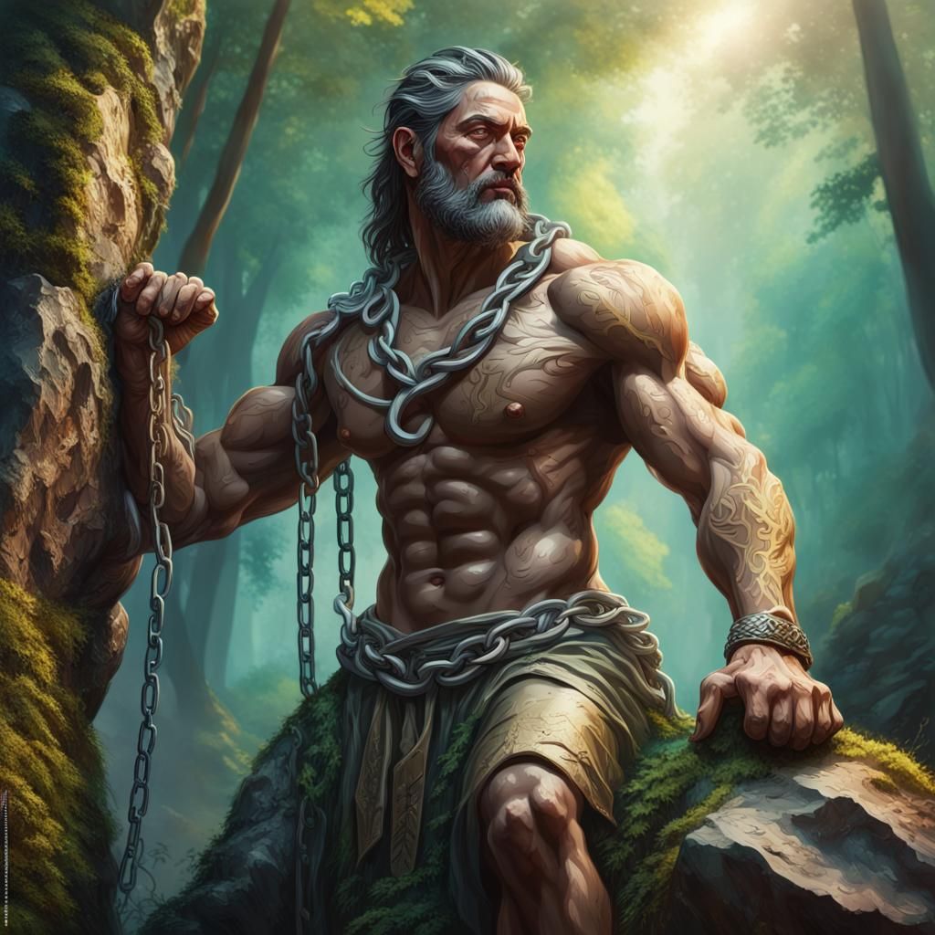 Chained God in a Forest: Hyperrealistic Concept Art