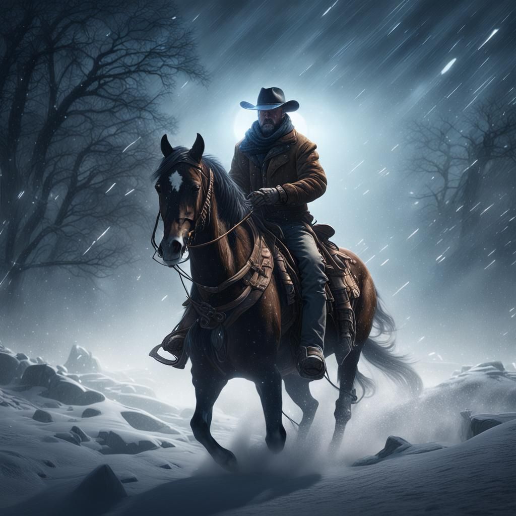 Cowboy Rides Through Blizzard in Detailed Matte Painting