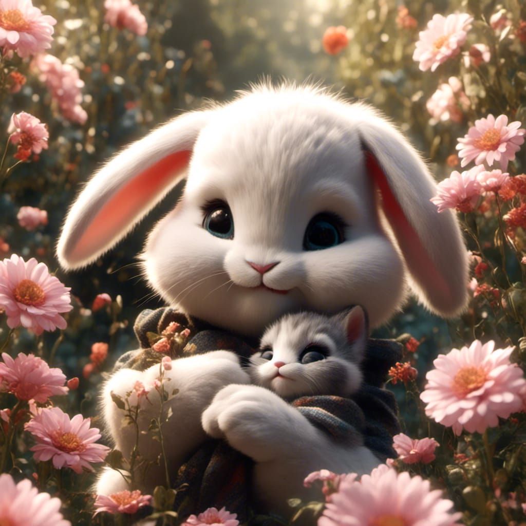 Bunny and Kitten Cuddle in Flower Garden