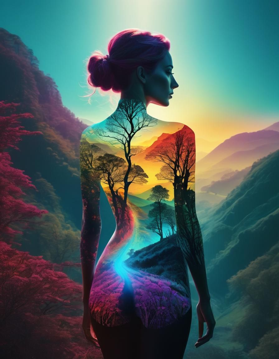 Mystical Silhouette: Double Exposure Country Valley Art