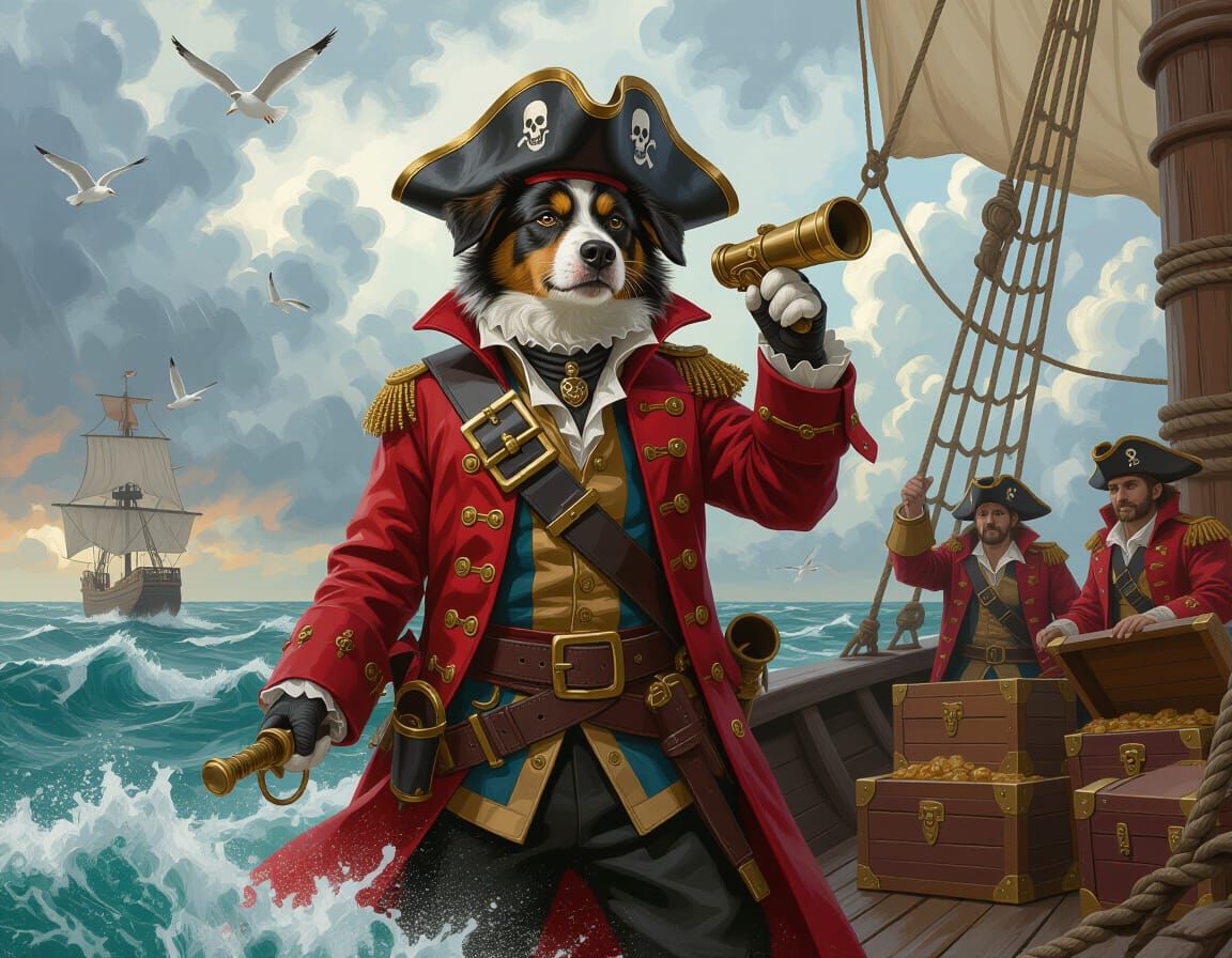 Adventurous Pirate Dog on Ship in Digital Painting Style