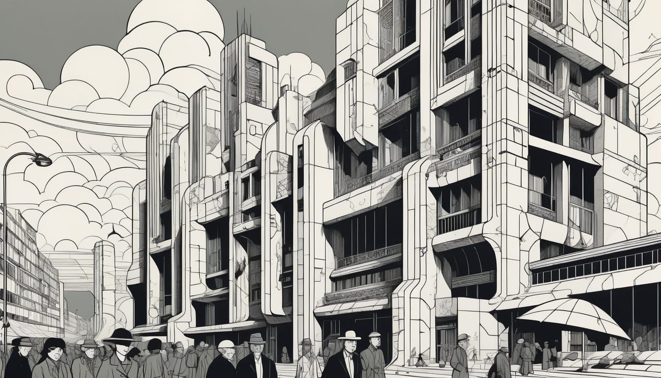 Absurd Rally in Brutalist Landscape, Art Deco Style