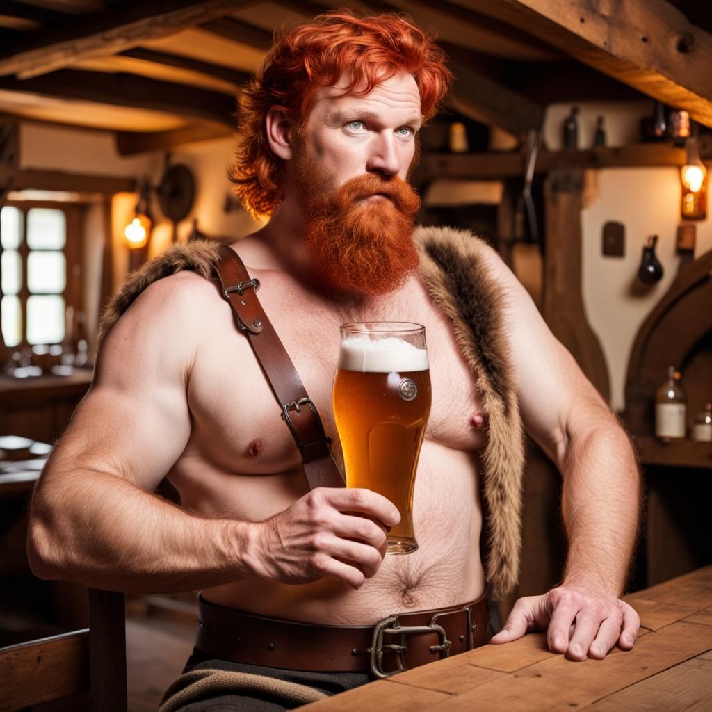 Redhead Lumberjack Drinks Beer in Medieval Tavern