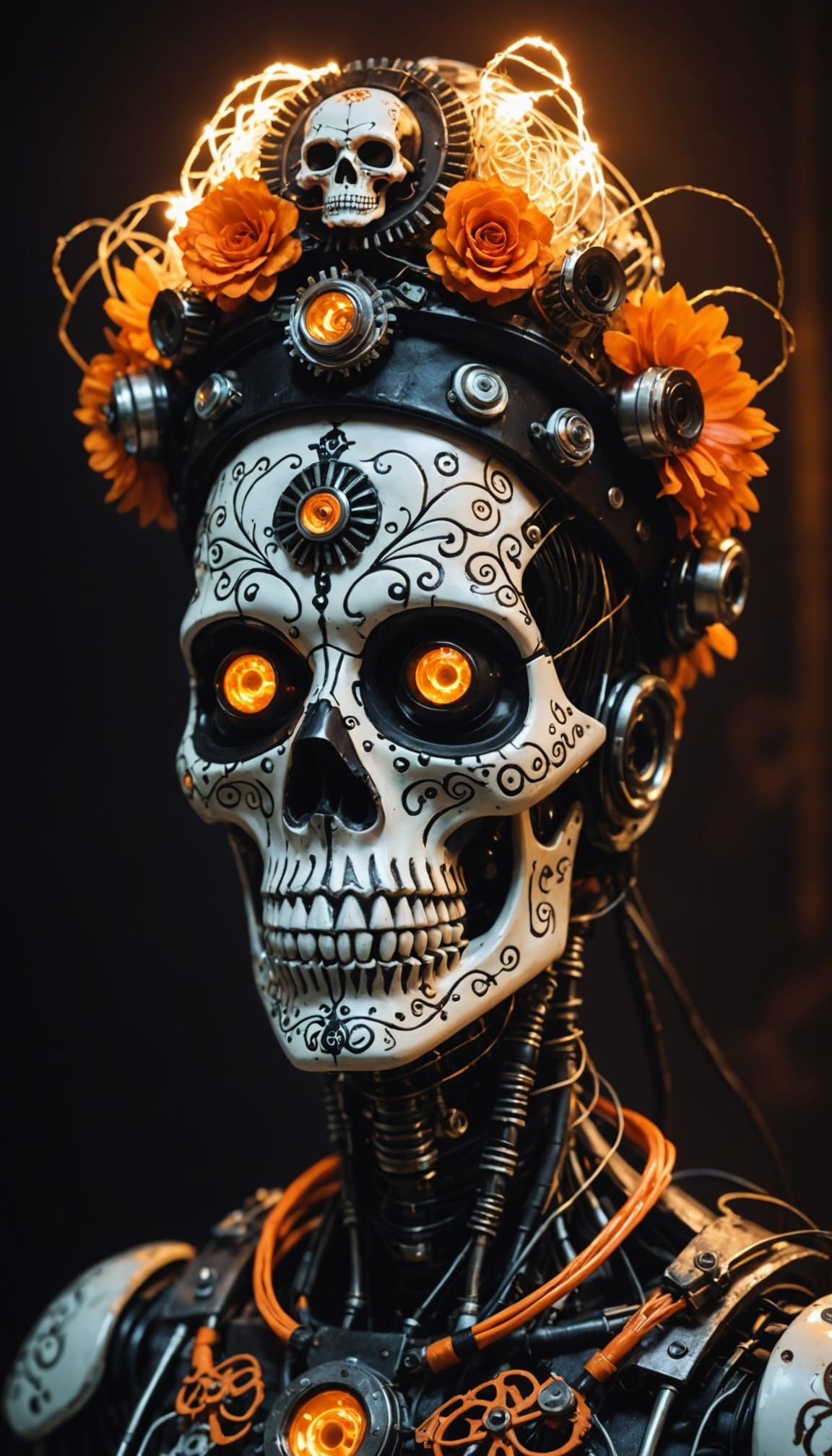 Portrait of a robotic La Catrina male with: glowing white ey...