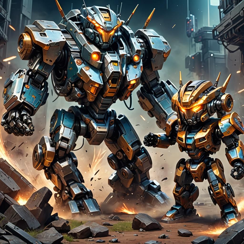 Chibi Mecha Warriors Clash in Sci-Fi Duel
