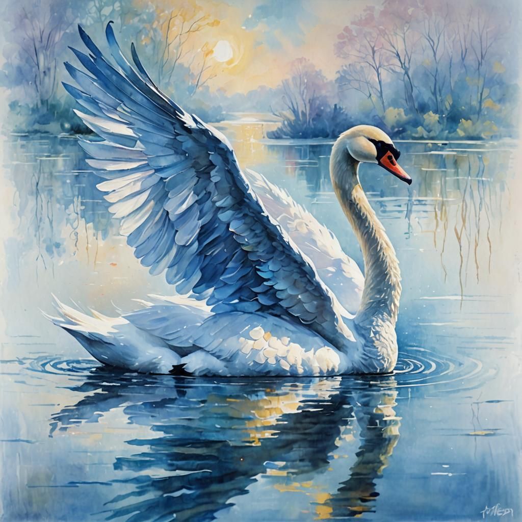 Majestic Swan Glides on Serene Lake as Oil Painting