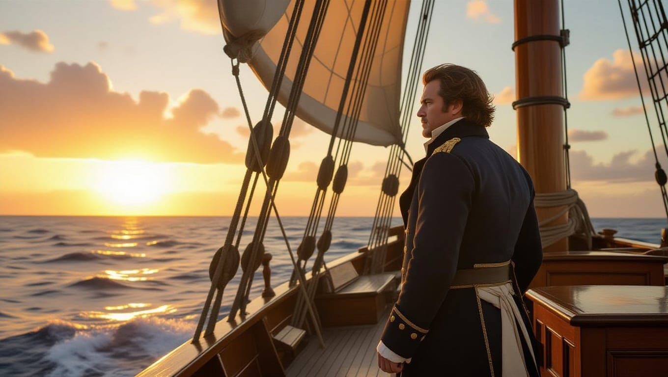 Captain Jack Aubrey on the Quarterdeck of H.M.S. Surprise at...