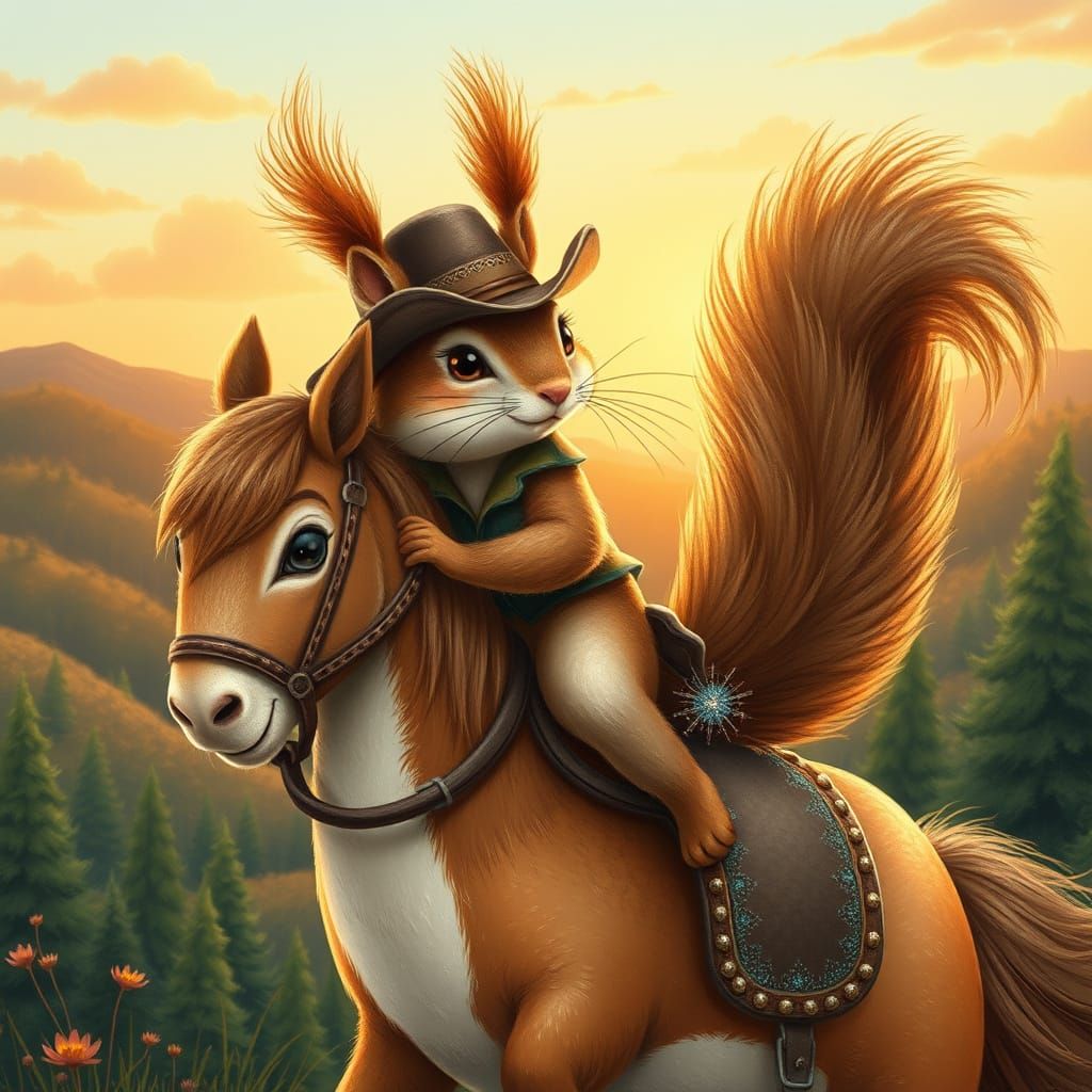 Majestic Squirrel Rides Whimsical Pony in Sunset Landscape