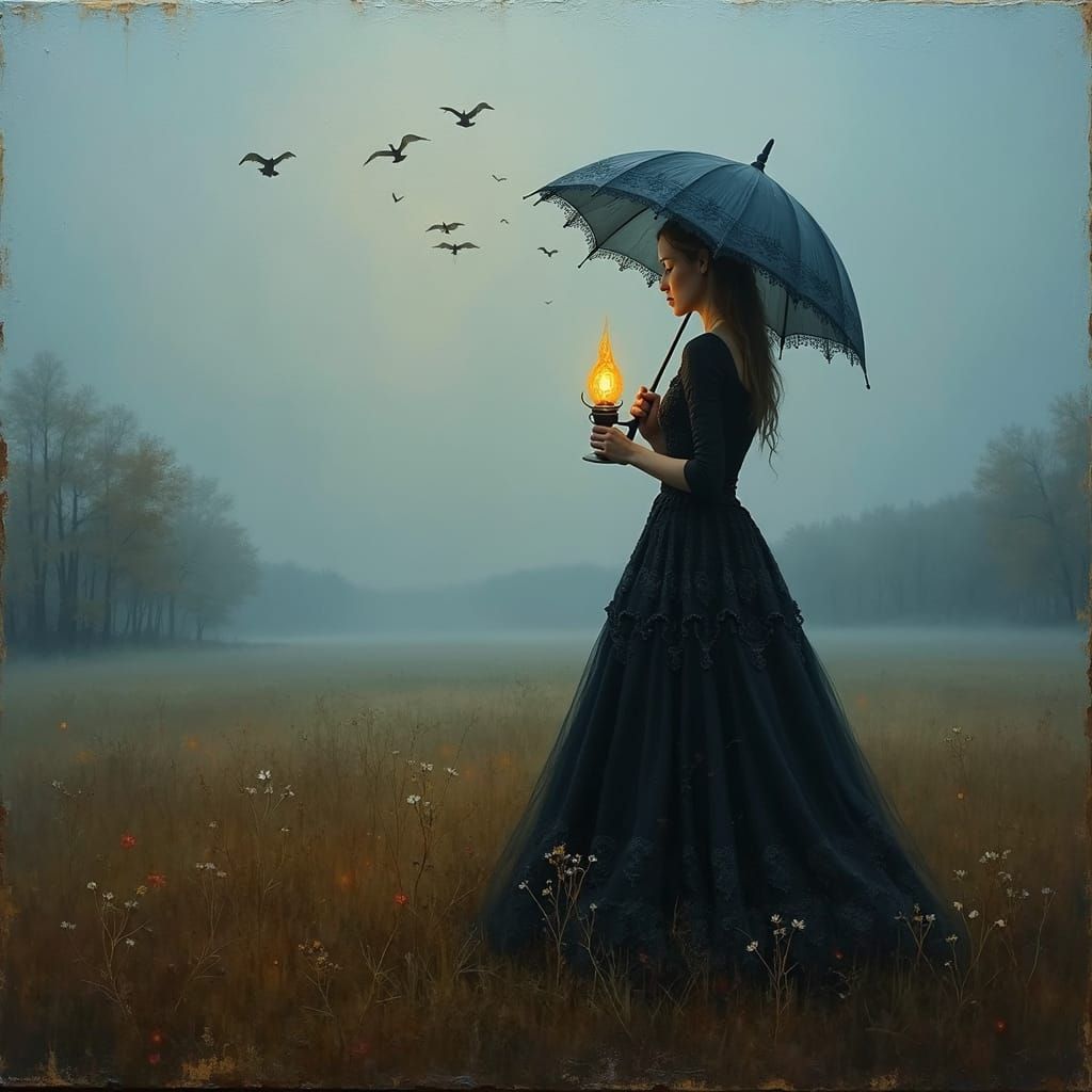 Woman with Lamp in Misty Field, Impasto Painting