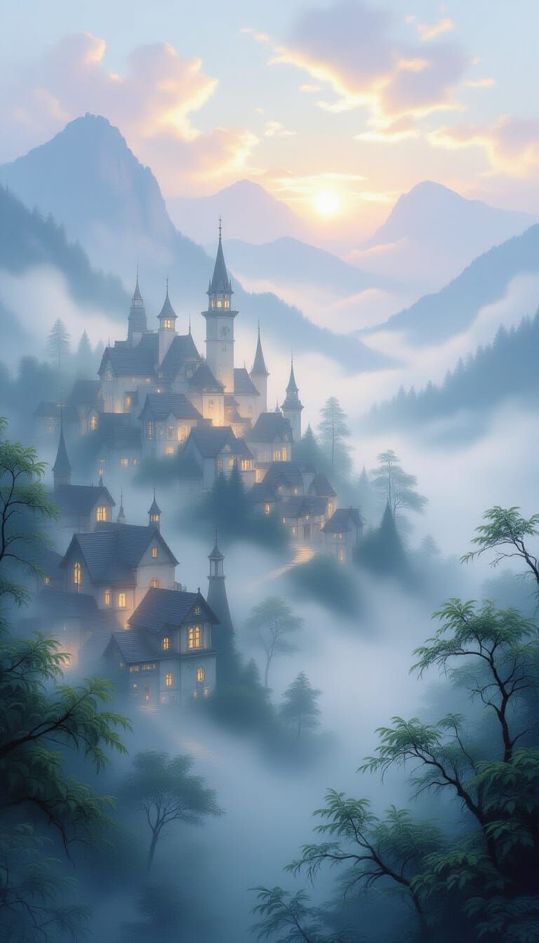 Ethereal Misty Fantasy Landscape in Painterly Style