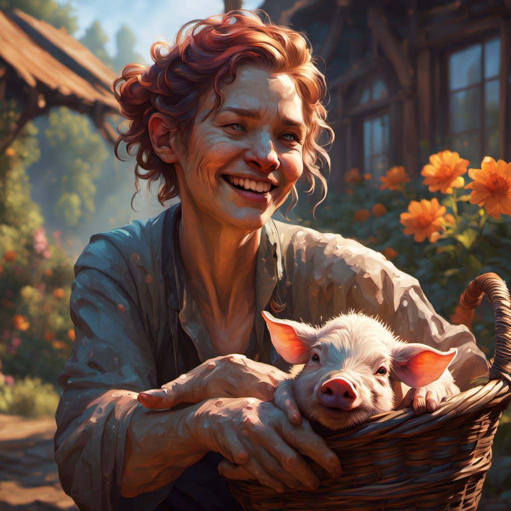Boy and Piglets: Hyperrealistic Countryside Portrait