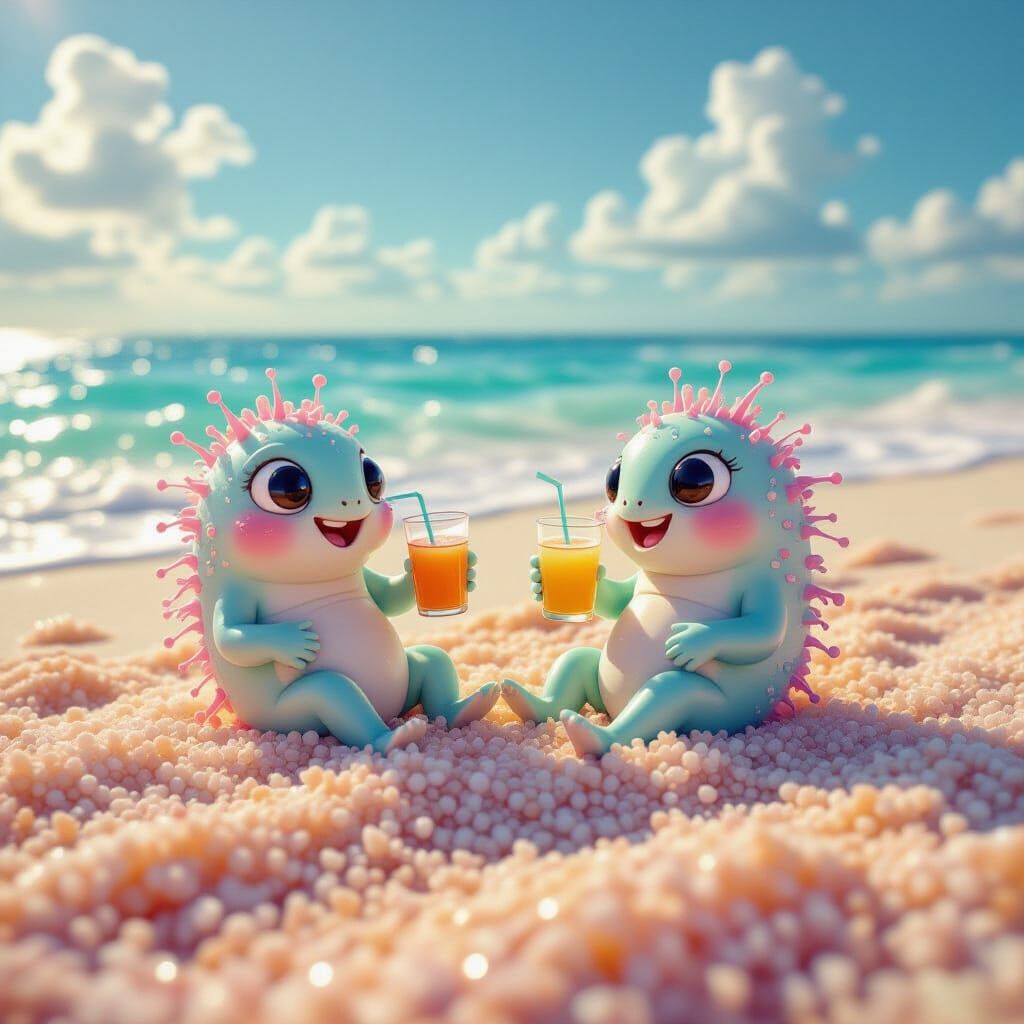 Whimsical Microbes Relaxing on Salt Grain Beach, Pastel Tone...