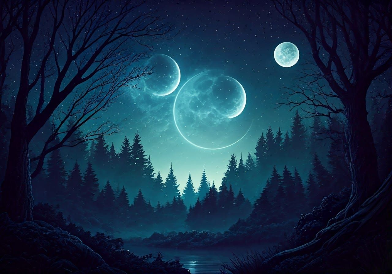 Eerie Forest Landscape with Three Moons