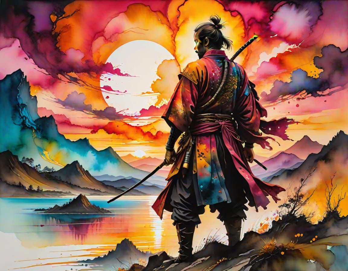 Samurai Silhouette in Alcohol Ink Sunset