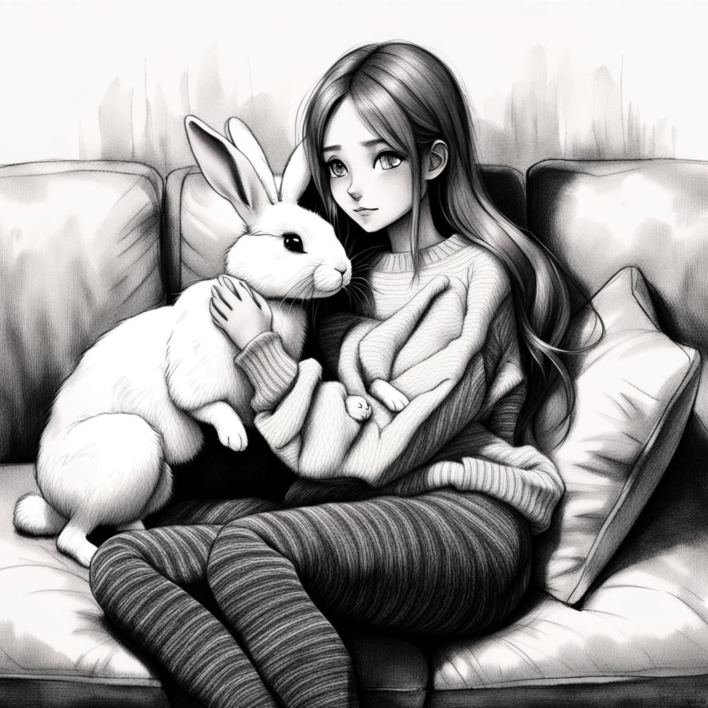Anime Girl Snuggling Rabbit: Hyperdetailed Charcoal Drawing