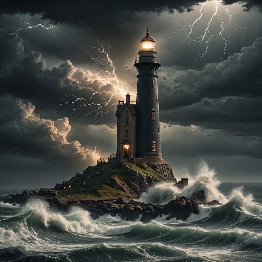 Lighthouse in Stormy Night: Epic Digital Painting