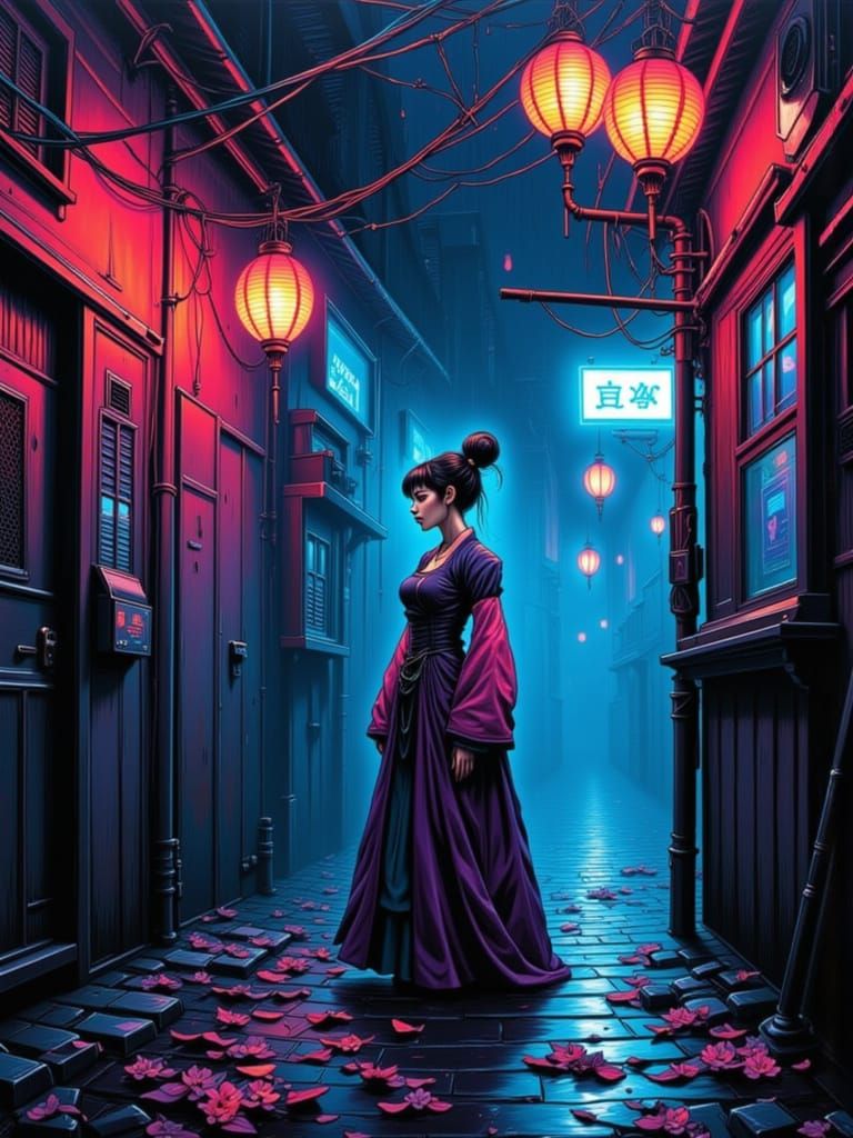 Cyberpunk Kumiho in Neon Alley at Midnight