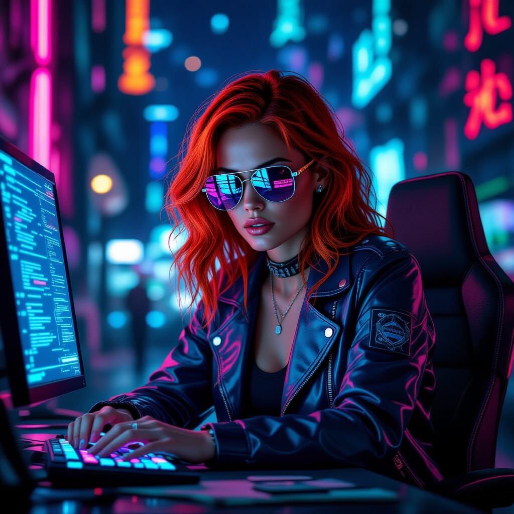Neon Renegade: Cyberpunk Hacker in Dystopian Cityscape