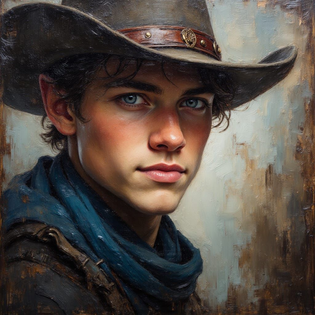 Young Cowboy Portrait in Impasto Oil Painting Style