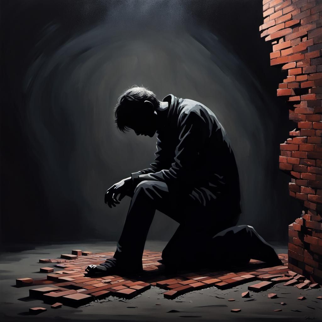 Melancholic Silhouette of Broken Bricks: Hyperrealistic Pain...