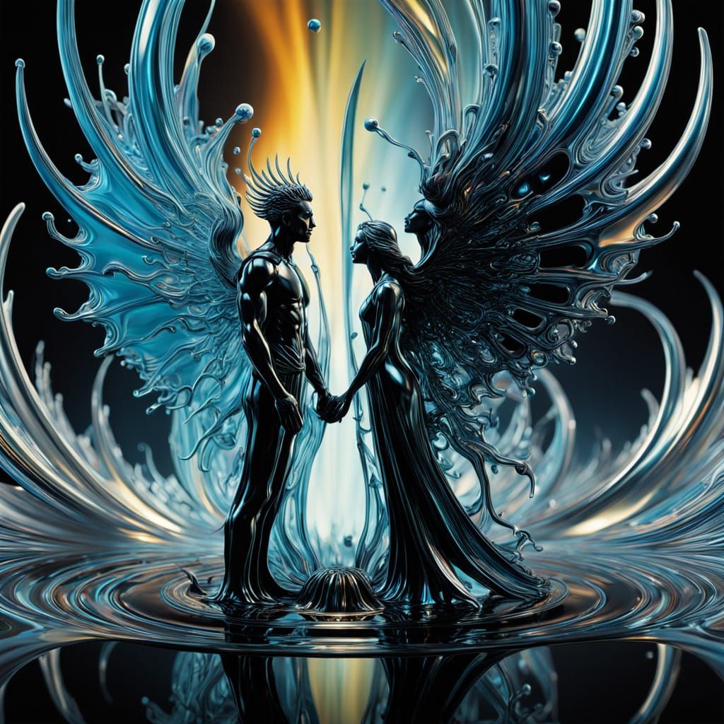 Ethereal Surrealism: Ferrofluid Lovers in 4D Tesseract