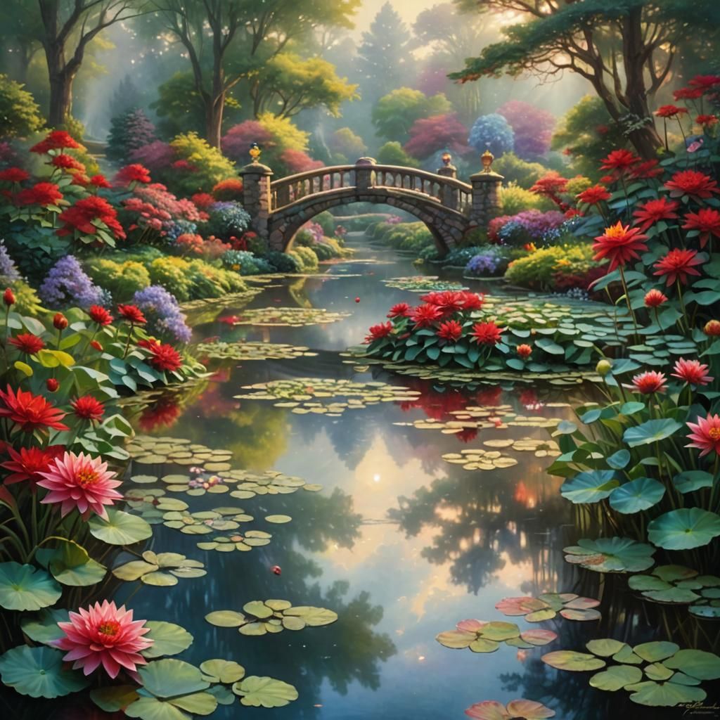 Red Dahlia Reflection in Ethereal Pond