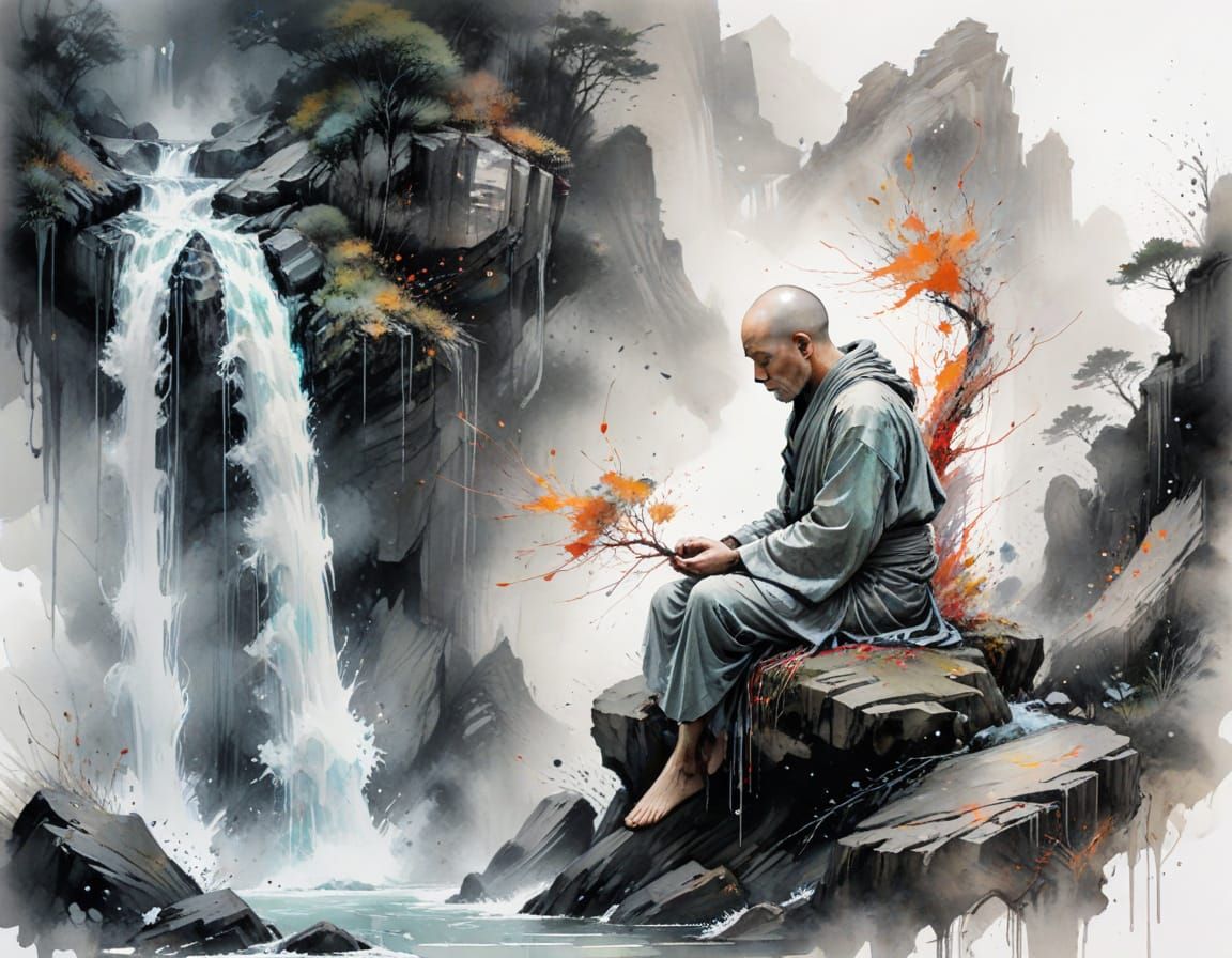 Monk Meditating by Waterfall in Ink Wash Style