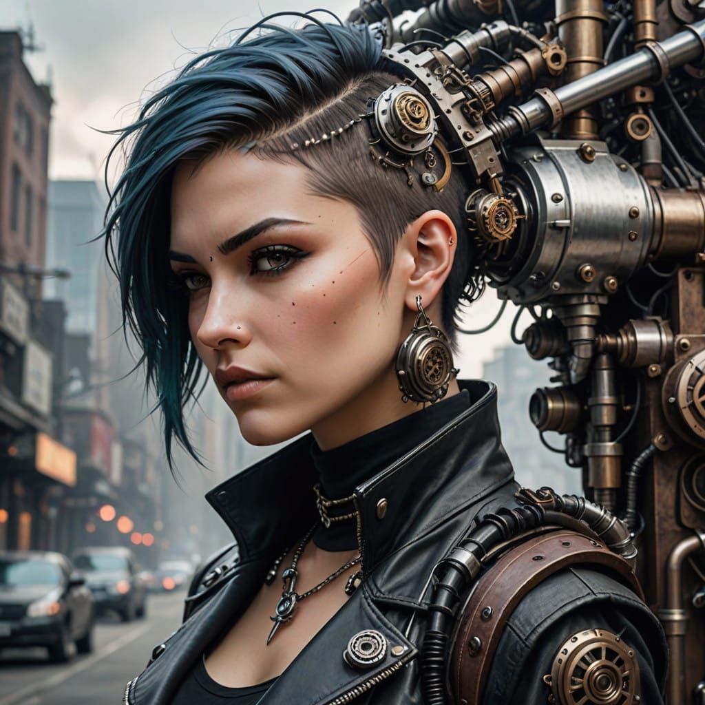 Cyberpunk Girl with Spiky Hair and Steampunk Accents