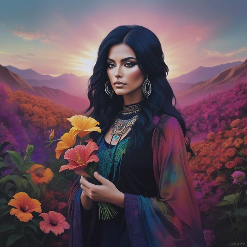 Psychedelic Gypsy Woman in Flower Garden: Surreal Illustrati...