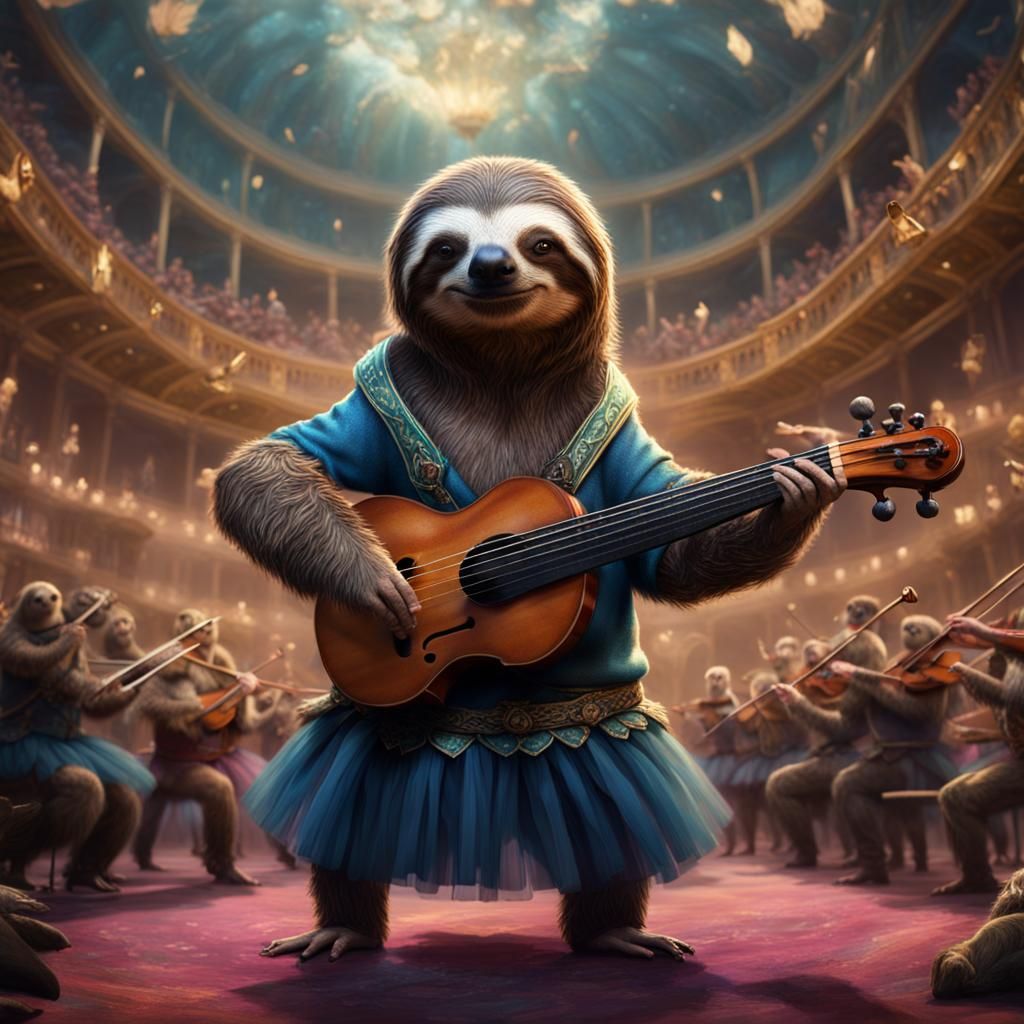 Sloth in Tutu Conducts Symphony: Detailed Matte Painting
