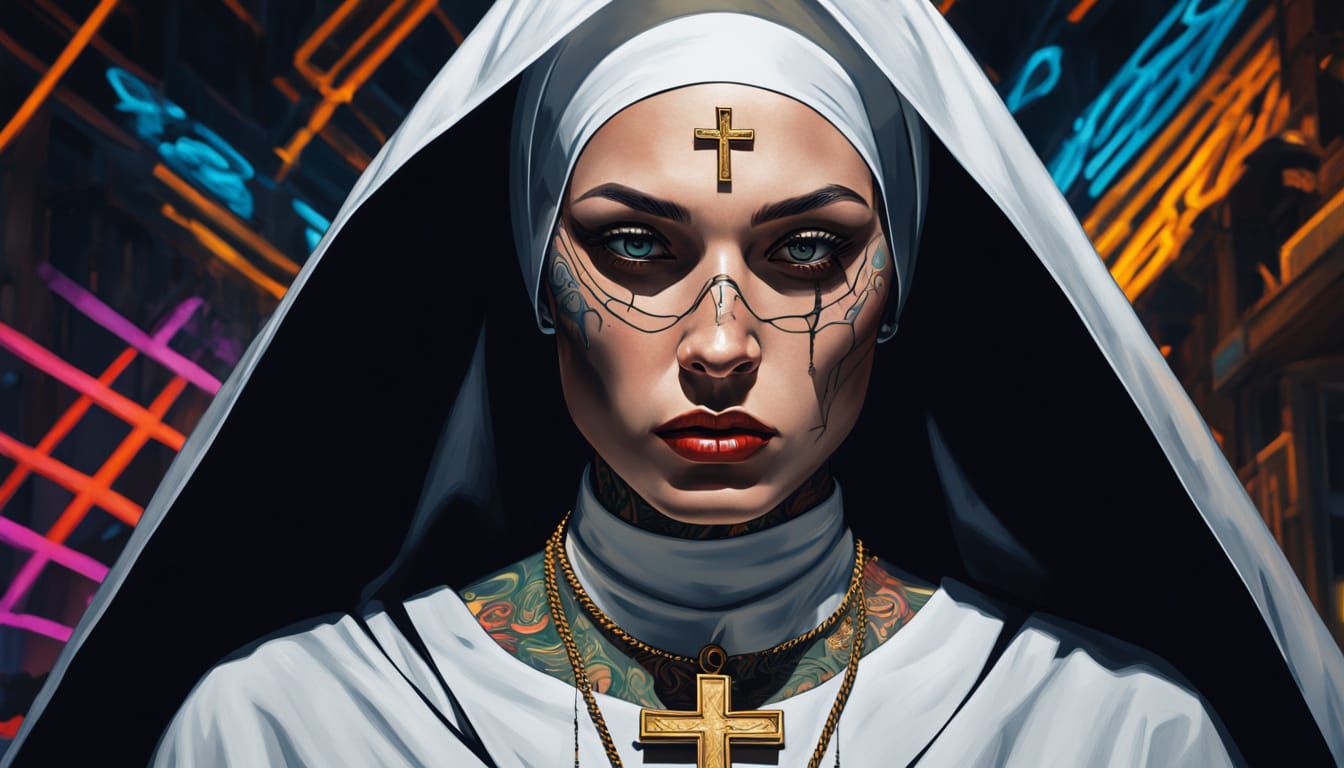 Tattooed Nun in Comic Book Style Digital Art
