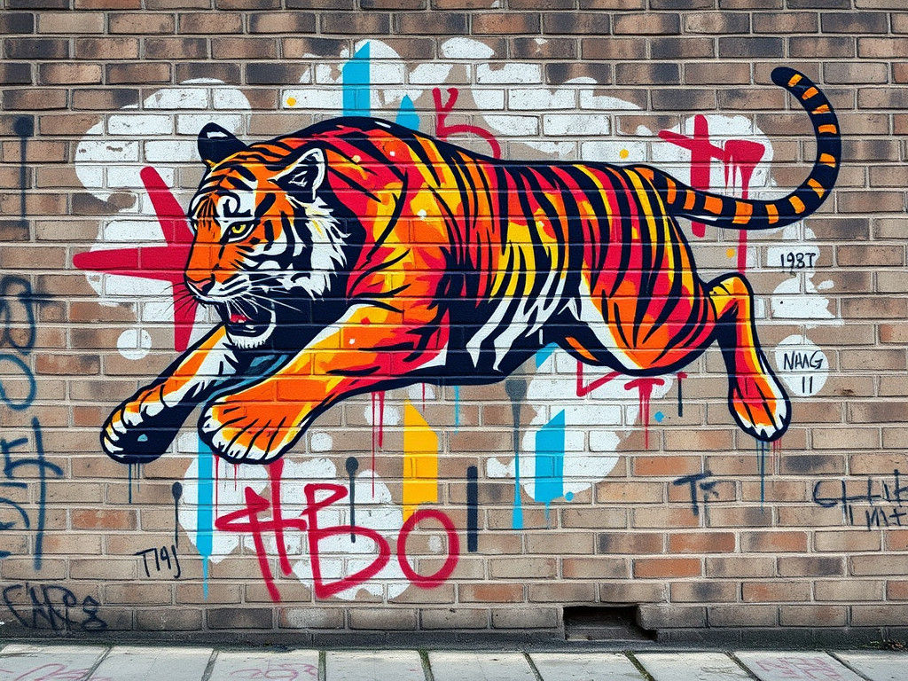 Street Art Tiger Mural on Urban Brick Wall