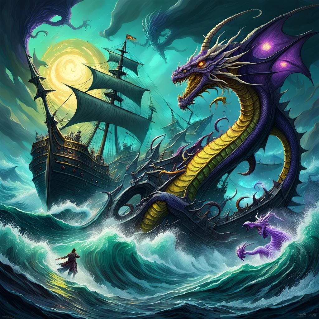 Epic Sea Battle: Dragon vs. Cthulhu in Digital Art