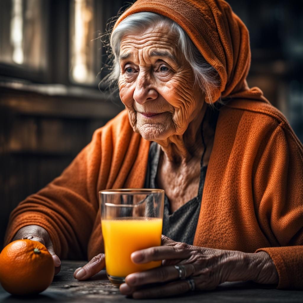 Happy Old Woman Making Orange Juice