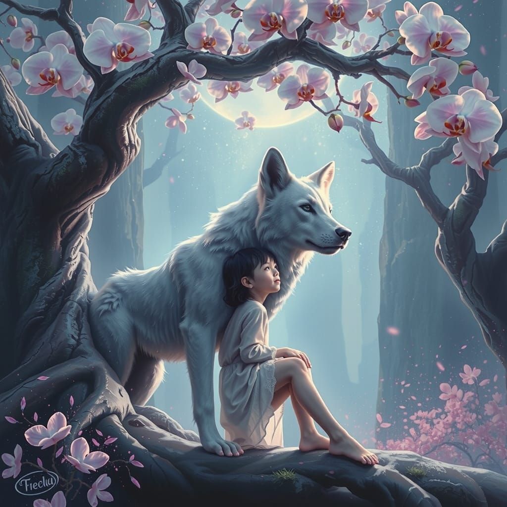 Child with Starry Eyes Beneath Ancient Oak: Art Nouveau