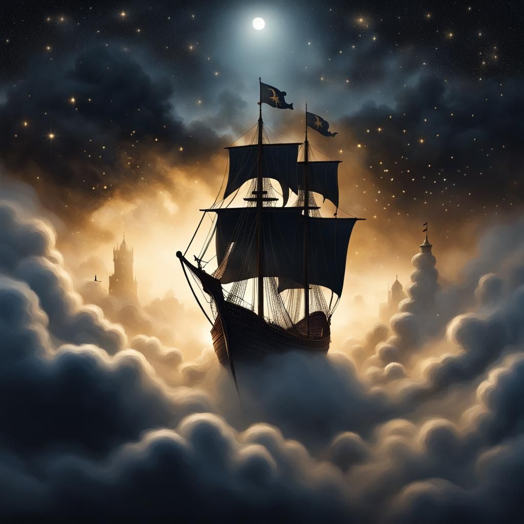 Caravel Soaring Through Clouds at Night