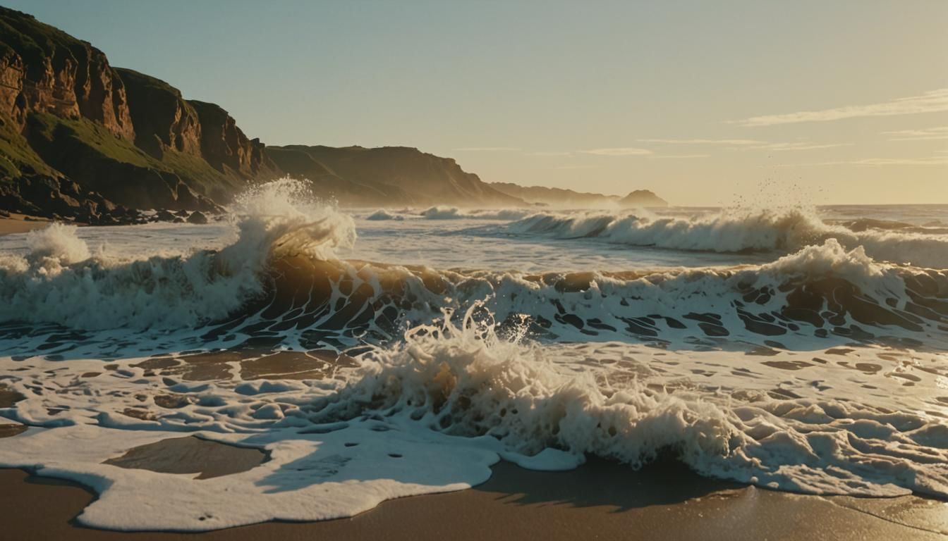 Enchanted Waves at Sunrise: Cinematic Film Still