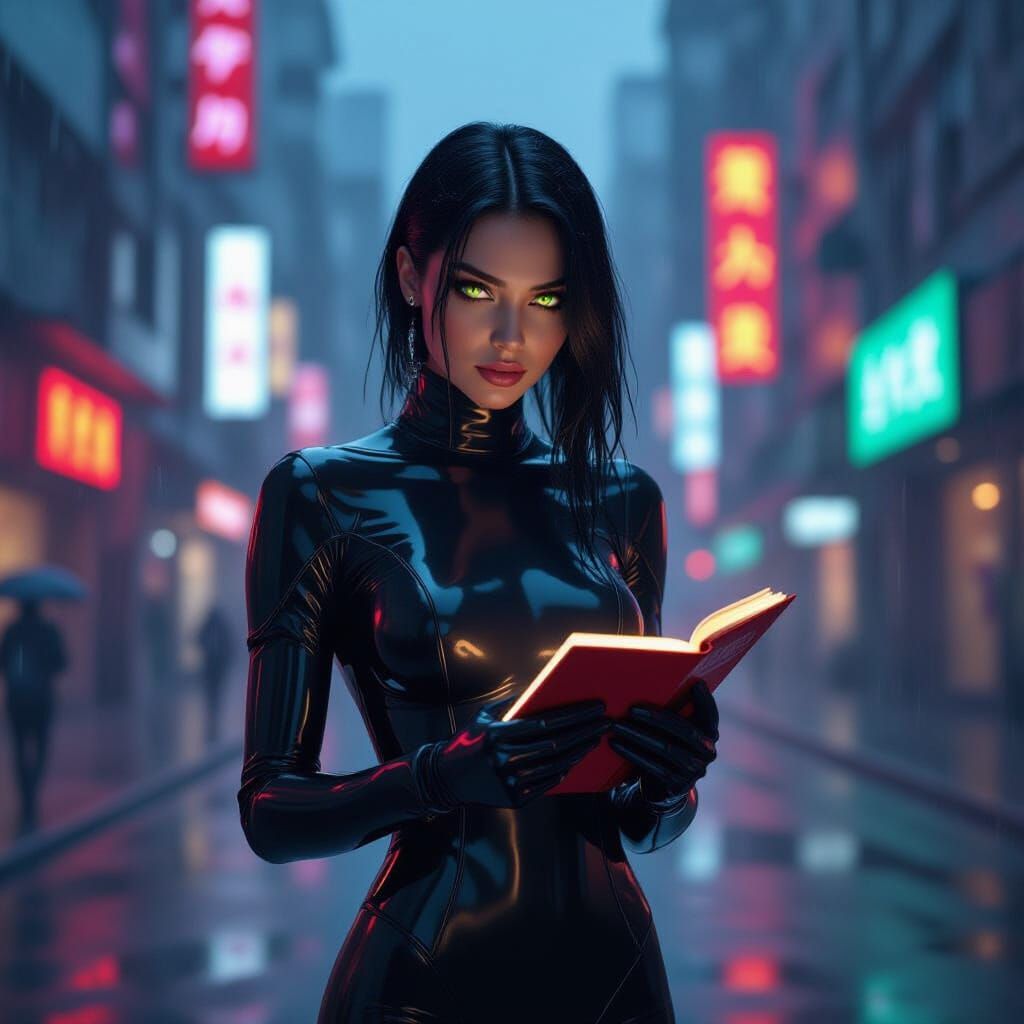 Cyberpunk Woman in Rainy Cityscape