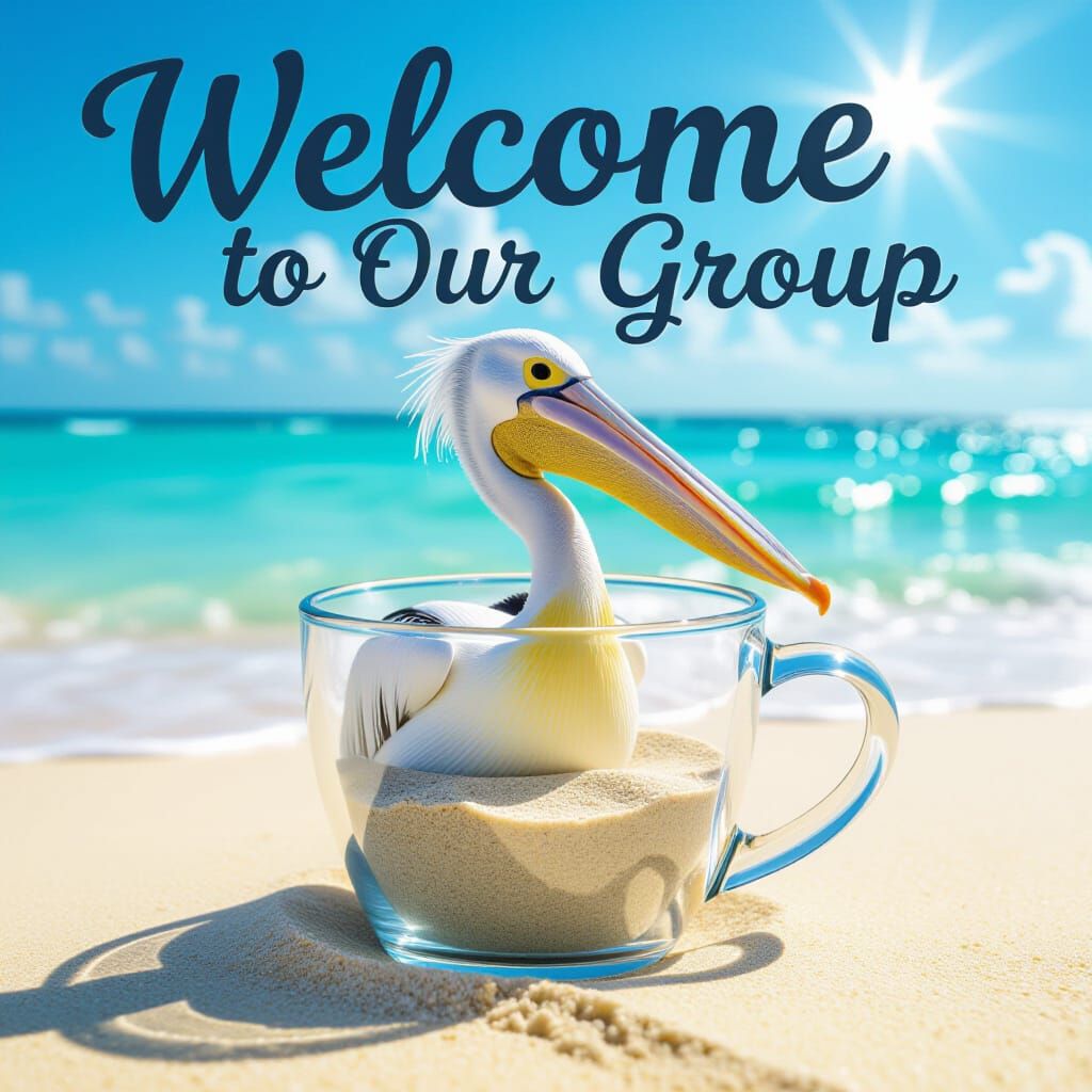 Whimsical Pelican in Coffee Mug on Sunny Beach