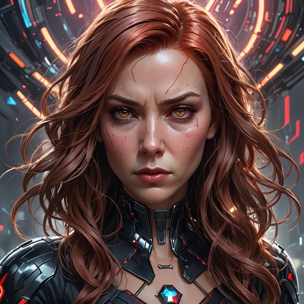 Very fragilistic cute black widow fatal woman with incrusted jewel and futuristic long hair cut