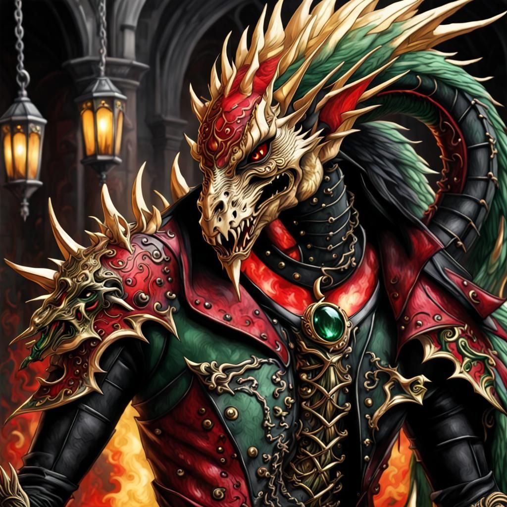 Gothic Punk Dragon in Red, Green, and Gold