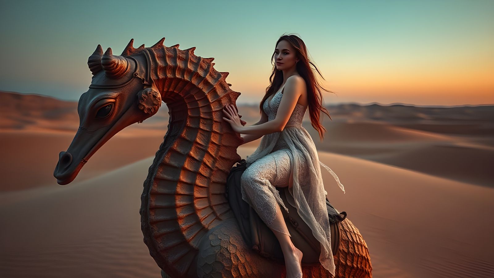 Woman Rides Seahorse in Hyperrealistic Desert Scene