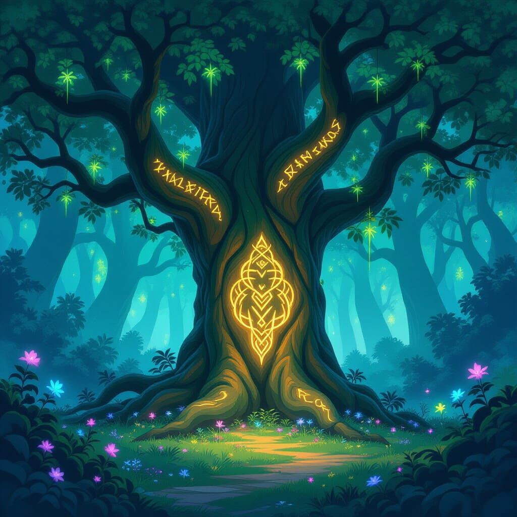 Majestic Ancient Tree With Glowing Runes in Mystical Forest