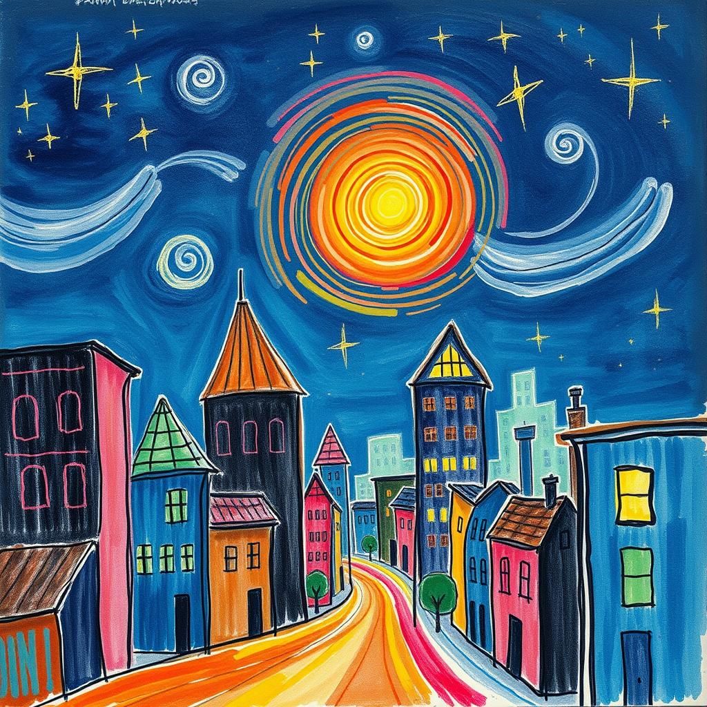 Crayon-Drawn Whimsical Future City at Night