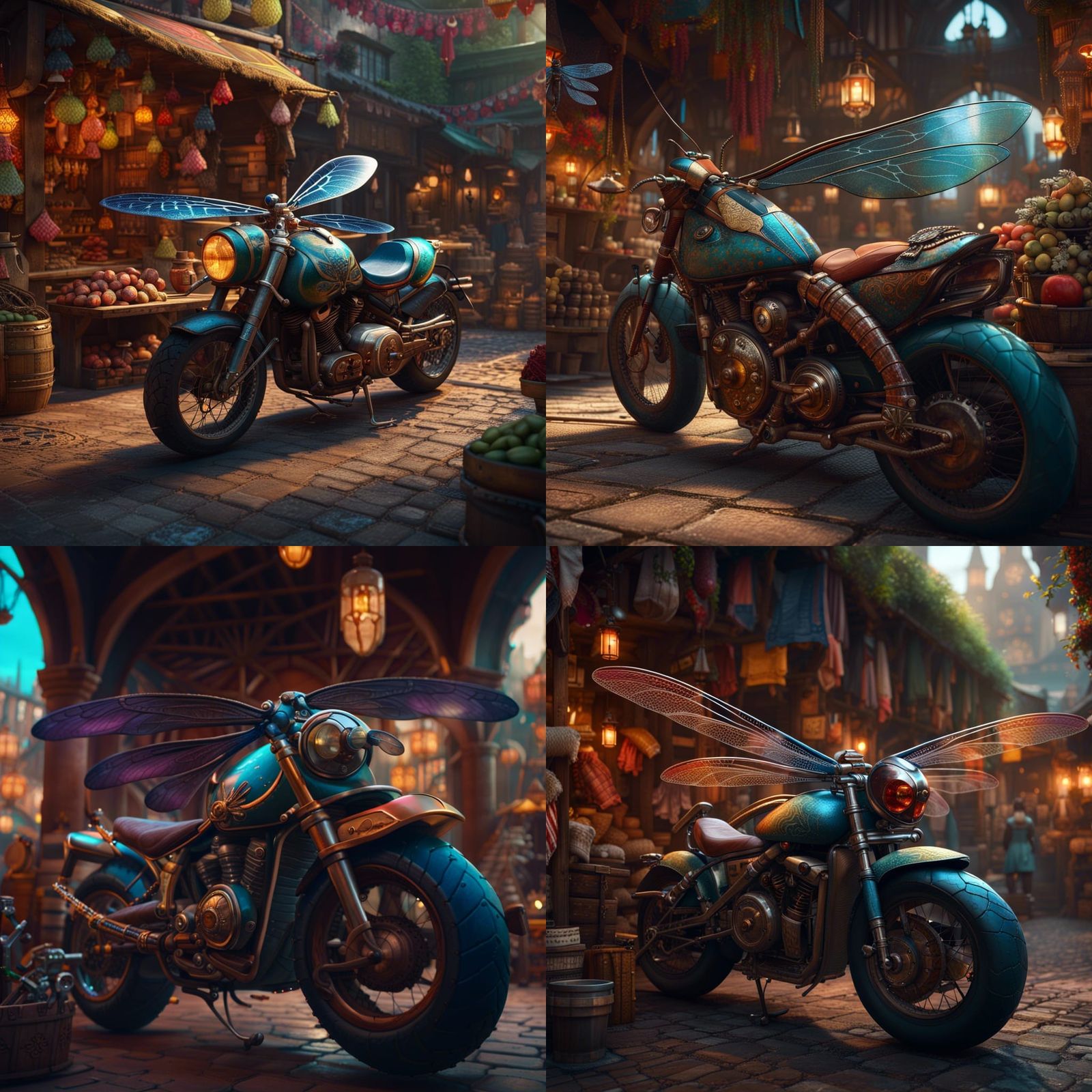 Dragonfly Rider in Medieval Market, Fantasy Art