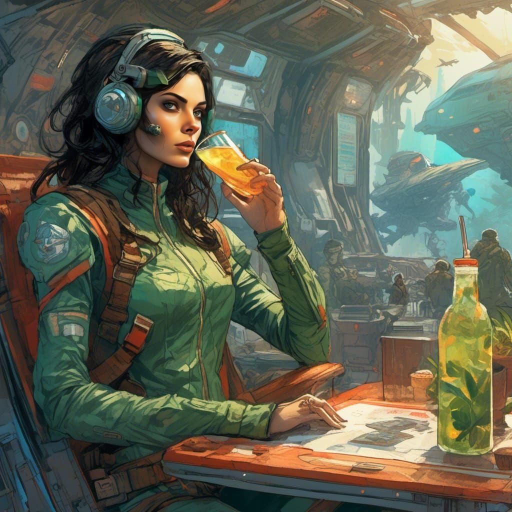 Elvish Mech Pilot at Alien Cantina in Comic Style